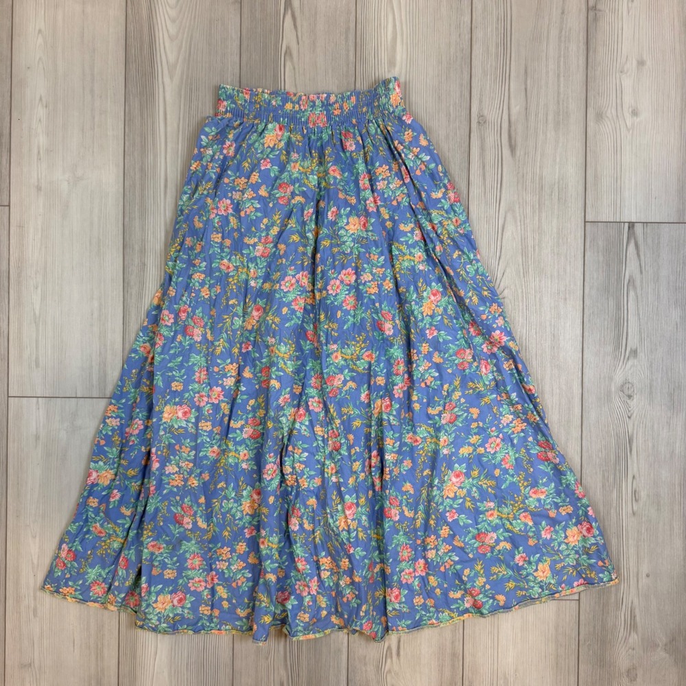 Vintage Laura Ashley Blue Floral Cotton Maxi Skirt Smocked Waist Large READ
